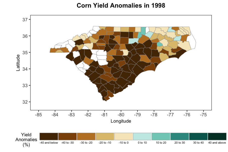 map of 1998 corn crop yield for the Carolinas
