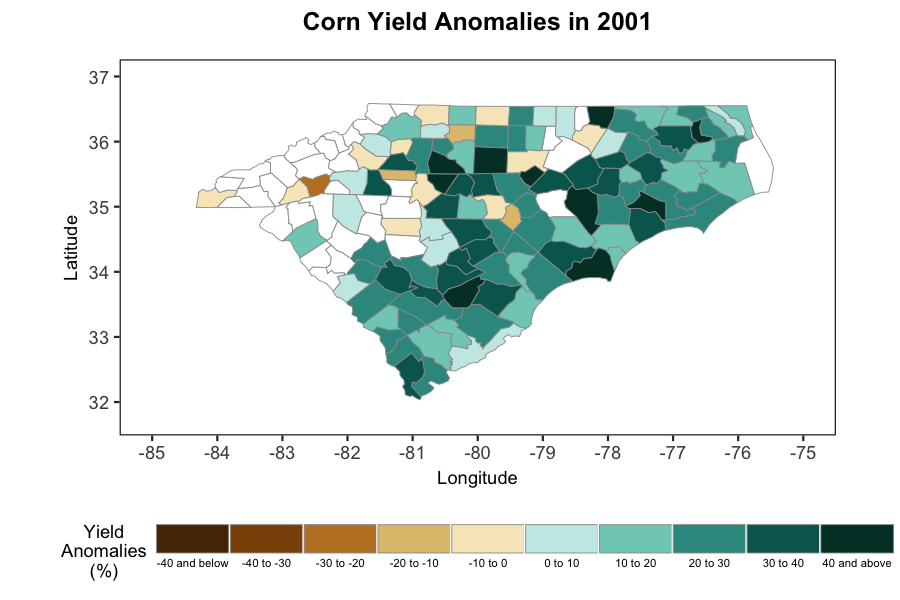 map of 2001 corn crop yield for the Carolinas