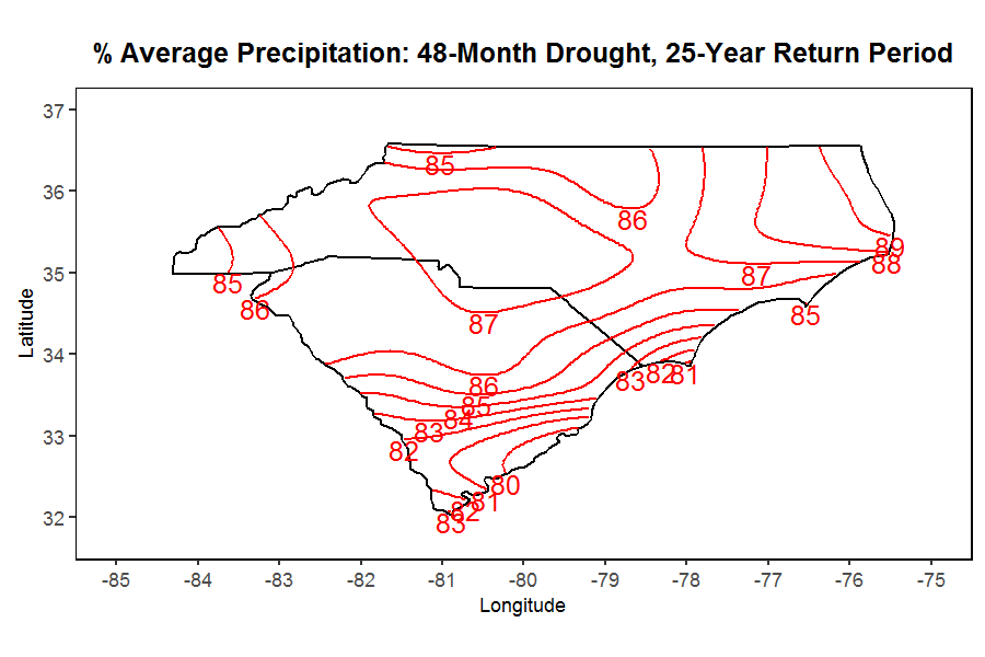 contour map showing the 48-month drought return period in the Carolinas