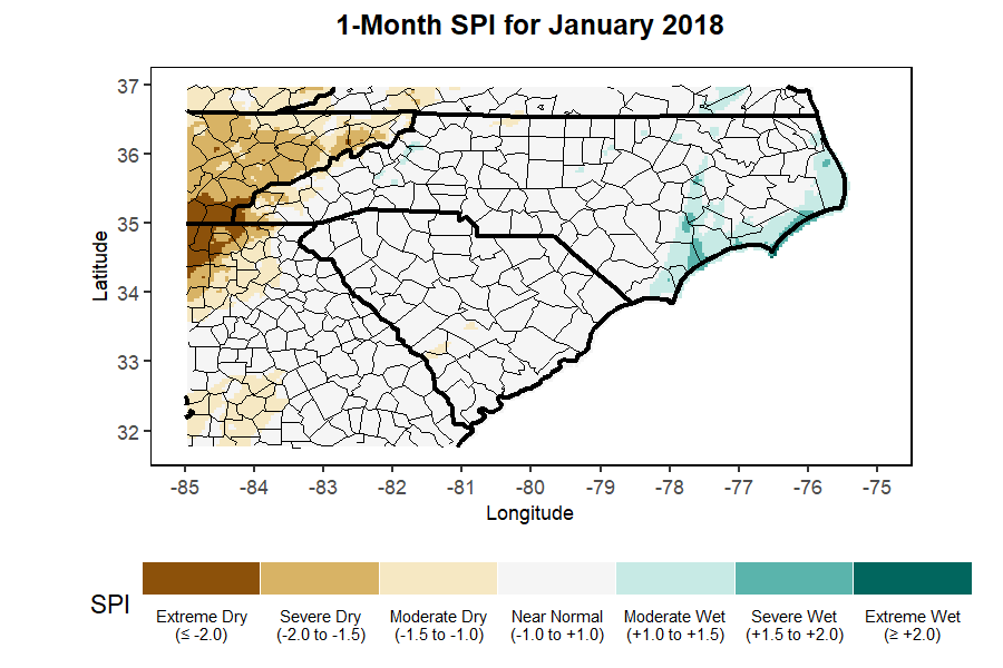 map of the standardized precipitation index for the Carolinas